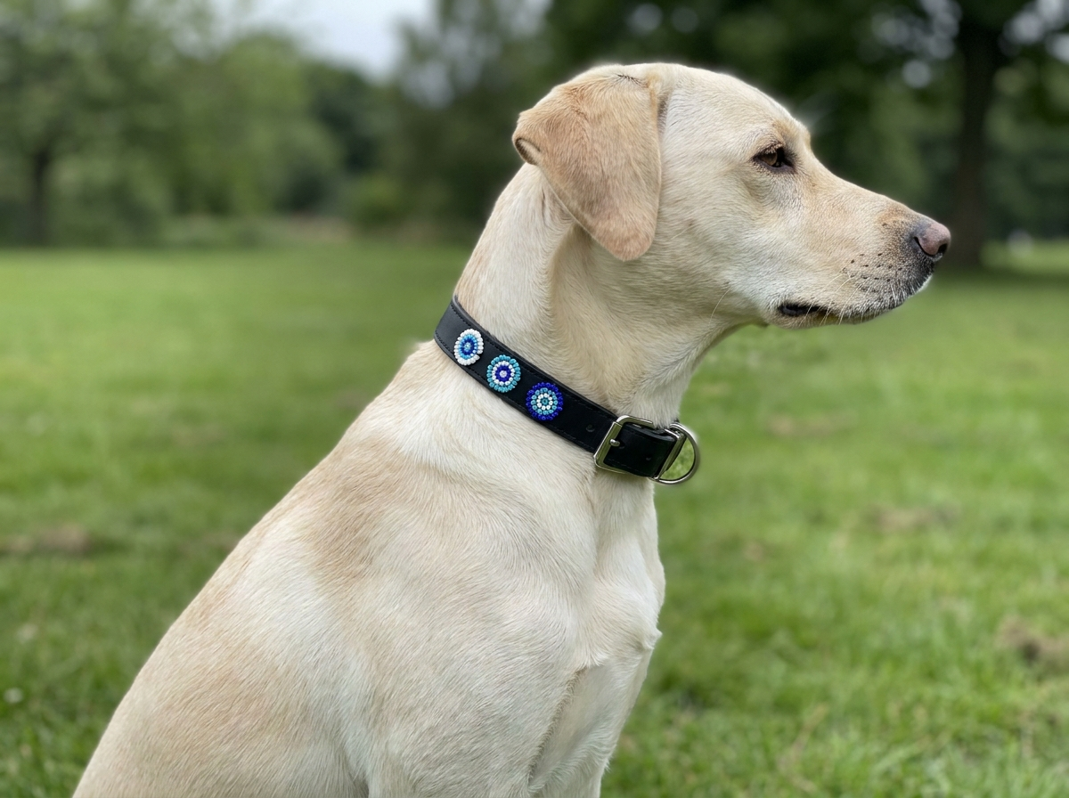 Pale cream dog sitting outdoors wearing the Blue on Black beaded leather collar