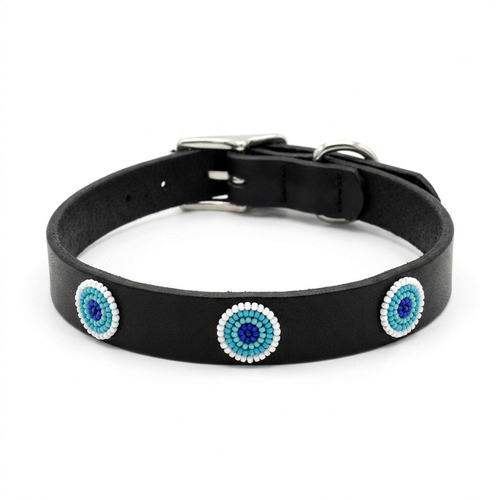 Blue on Black beaded leather dog collar shown flat on a white background, three blue and turquoise beaded rosettes on a slim black band with a silver buckle