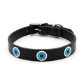 Blue on Black beaded leather dog collar shown flat on a white background, three blue and turquoise beaded rosettes on a slim black band with a silver buckle