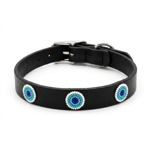 Blue on Black beaded leather dog collar shown flat on a white background, three blue and turquoise beaded rosettes on a slim black band with a silver buckle