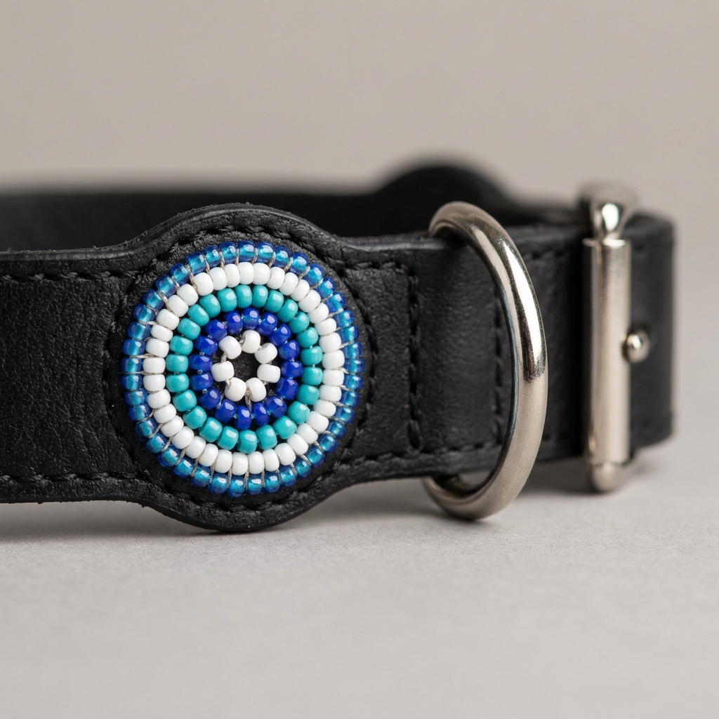 Close-up of one beaded rosette and the silver D-ring on the Blue on Black leather dog collar