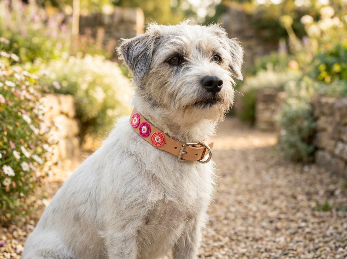 Small white and grey terrier wearing the Pink on Tan beaded leather collar