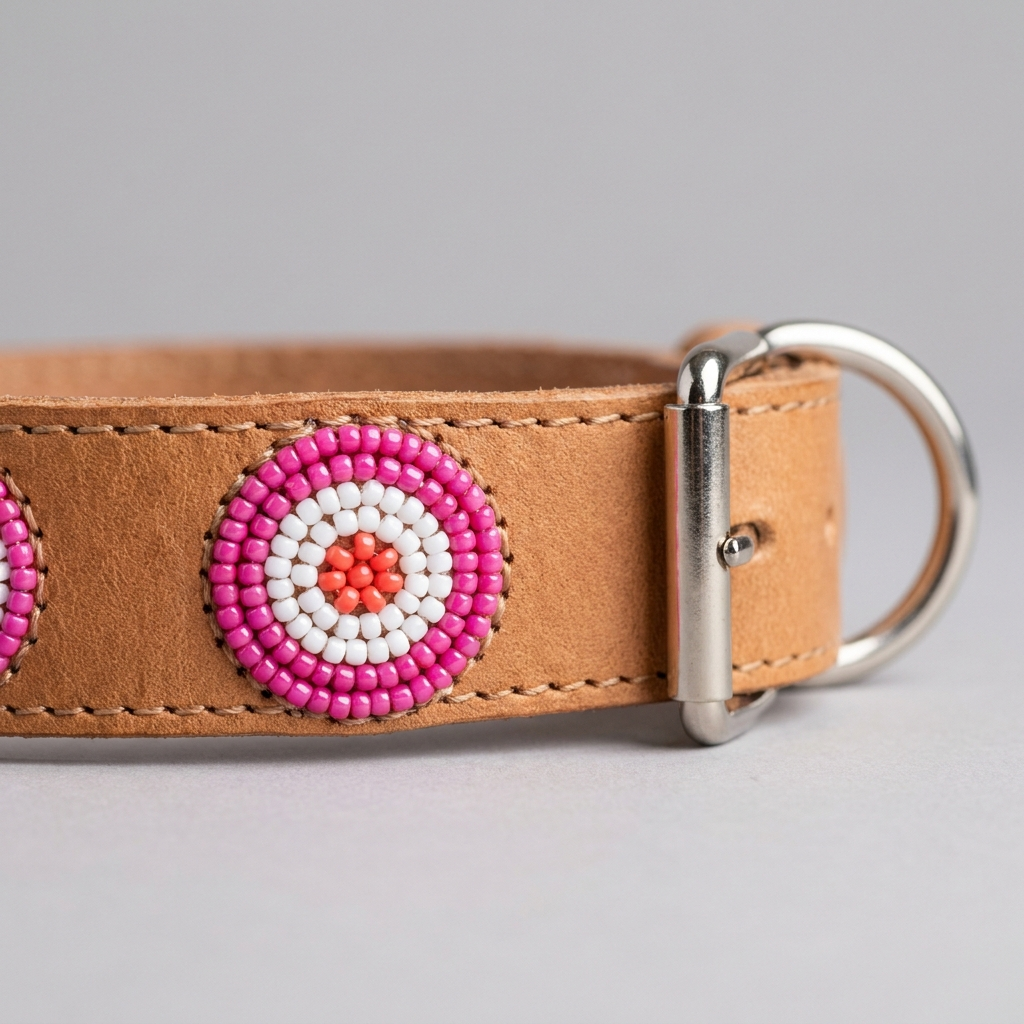 Close-up of a pink and white beaded rosette on the tan leather dog collar