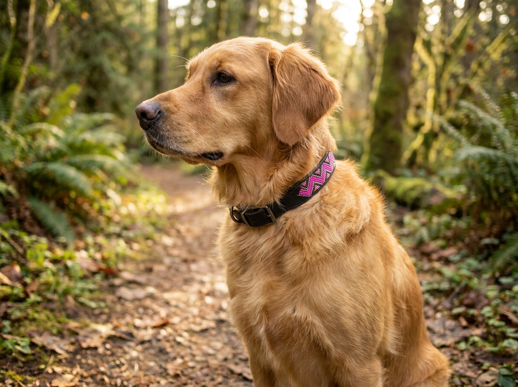 Golden retriever wearing the Pink on Black beaded leather collar outdoors