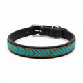 Teal and Bronze beaded leather dog collar on a white background, turquoise and bronze zigzag along a slim black band