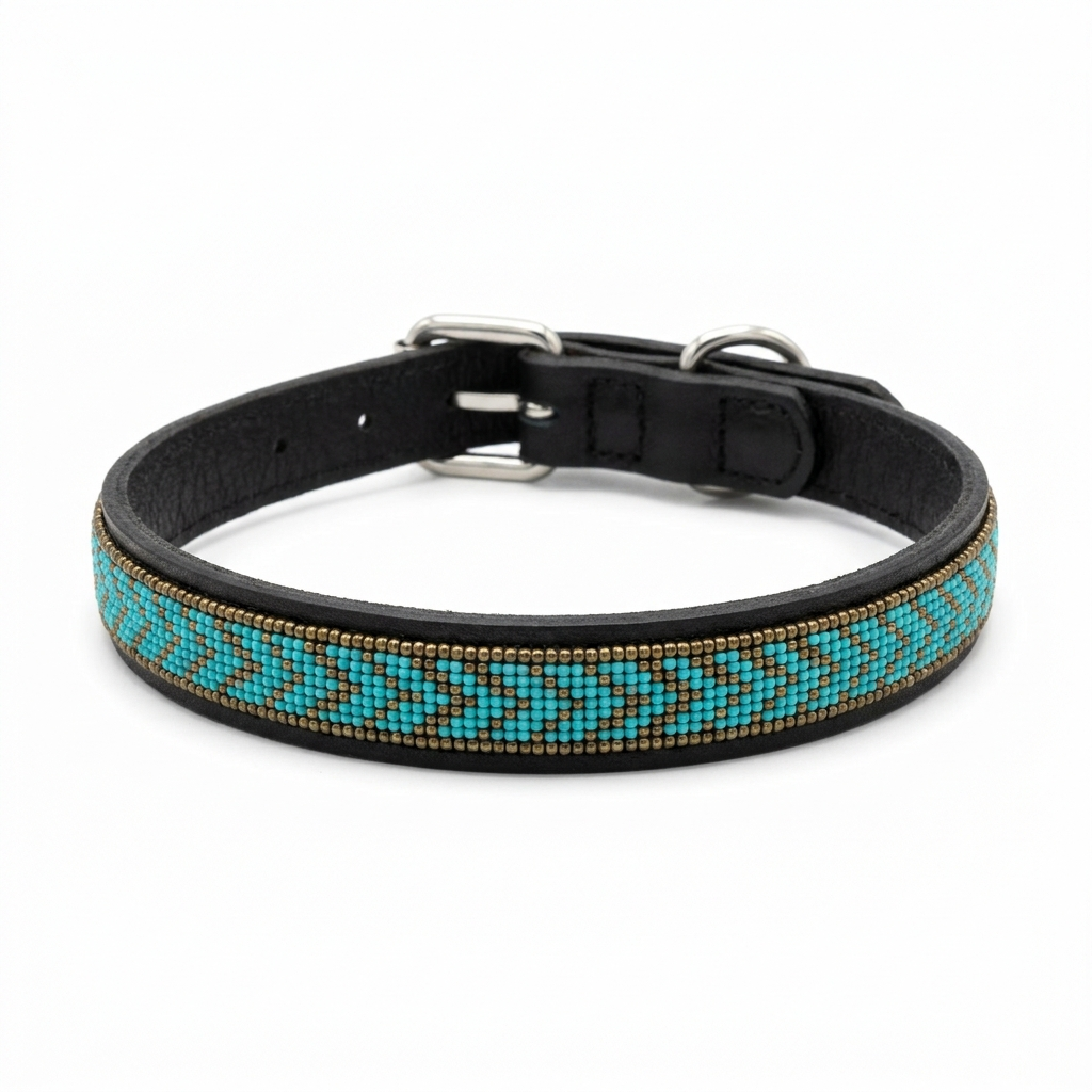 Teal and Bronze beaded leather dog collar on a white background, turquoise and bronze zigzag along a slim black band