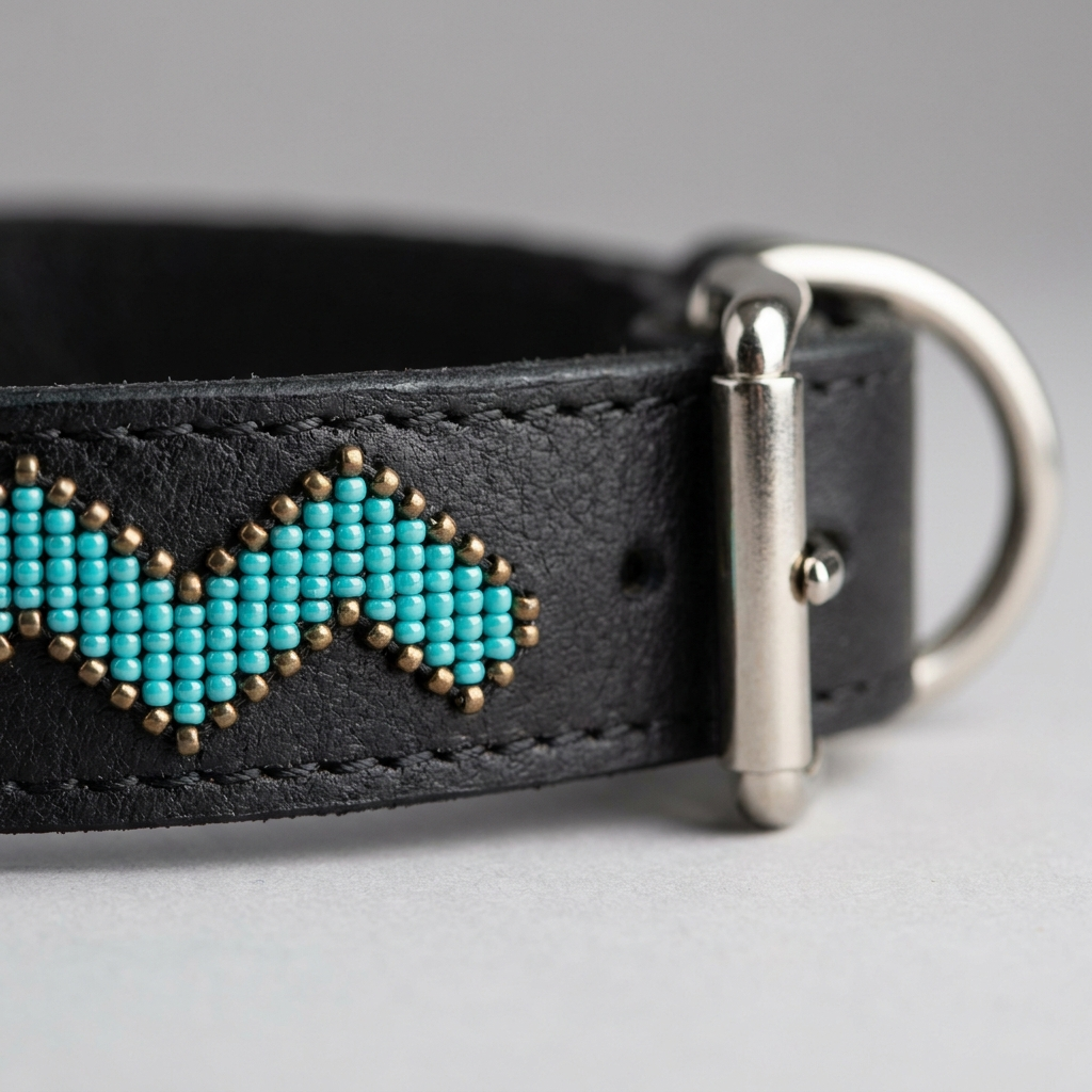 Close-up of the turquoise and bronze beaded zigzag on the black leather dog collar