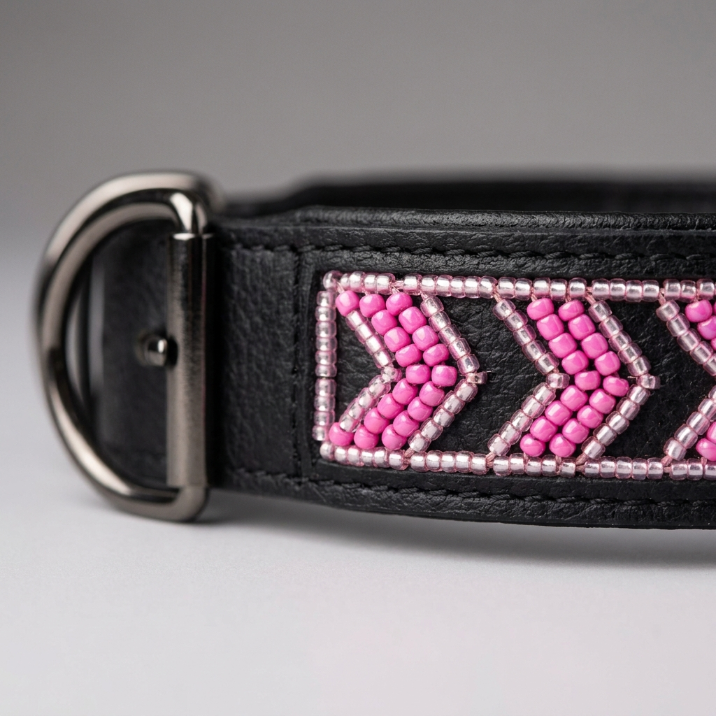 Close-up of the pink beaded zigzag on the black leather dog collar