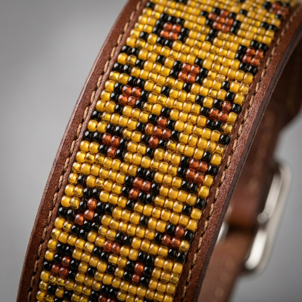 Macro close-up of the golden yellow cheetah spot beadwork