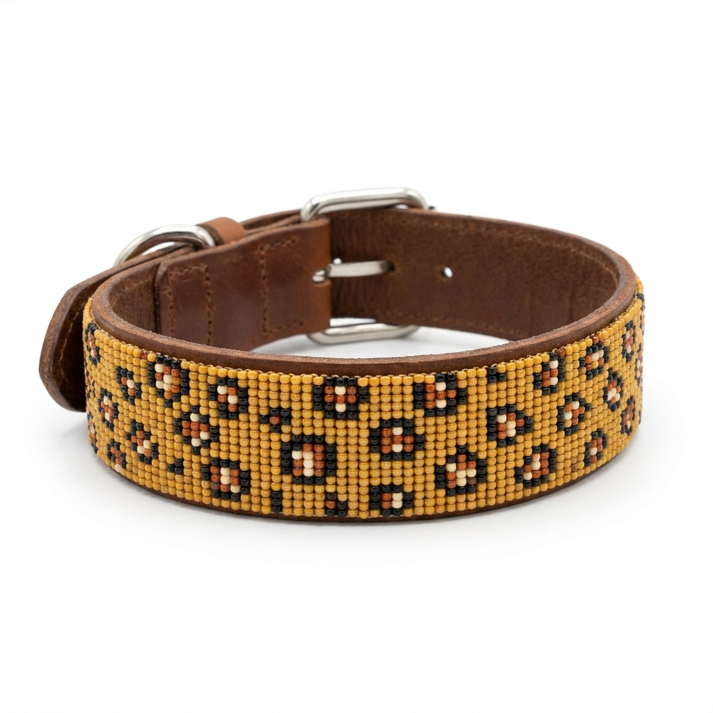 Cheetah Print beaded leather dog collar on a white background, wide band fully covered in golden yellow beadwork with black and rust spots