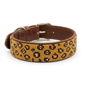 Cheetah Print beaded leather dog collar on a white background, wide band fully covered in golden yellow beadwork with black and rust spots