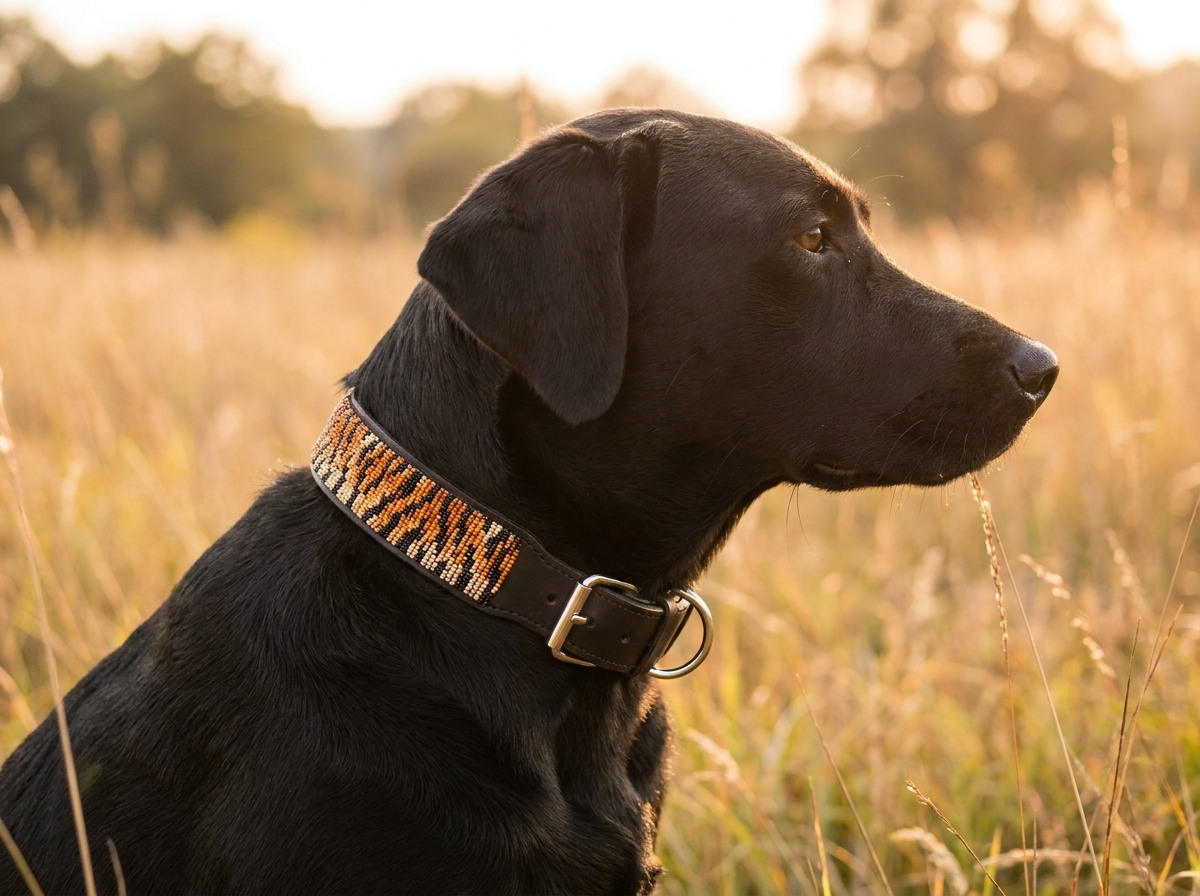 Black labrador wearing the Tiger Print beaded leather collar outdoors