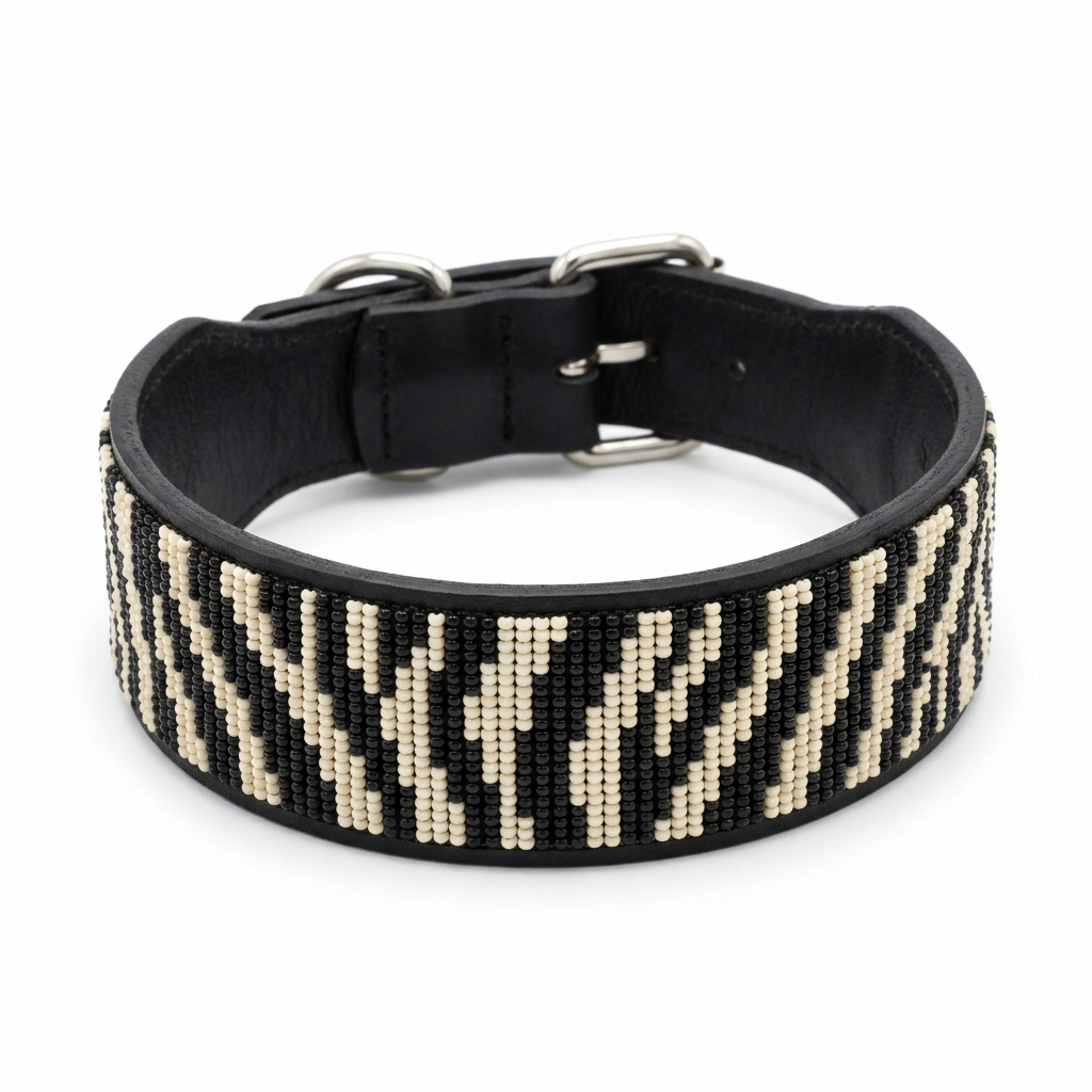 Zebra Print beaded leather dog collar on a white background, wide band fully covered in black and cream zebra stripe beadwork