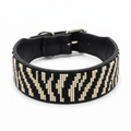 Zebra Print beaded leather dog collar on a white background, wide band fully covered in black and cream zebra stripe beadwork