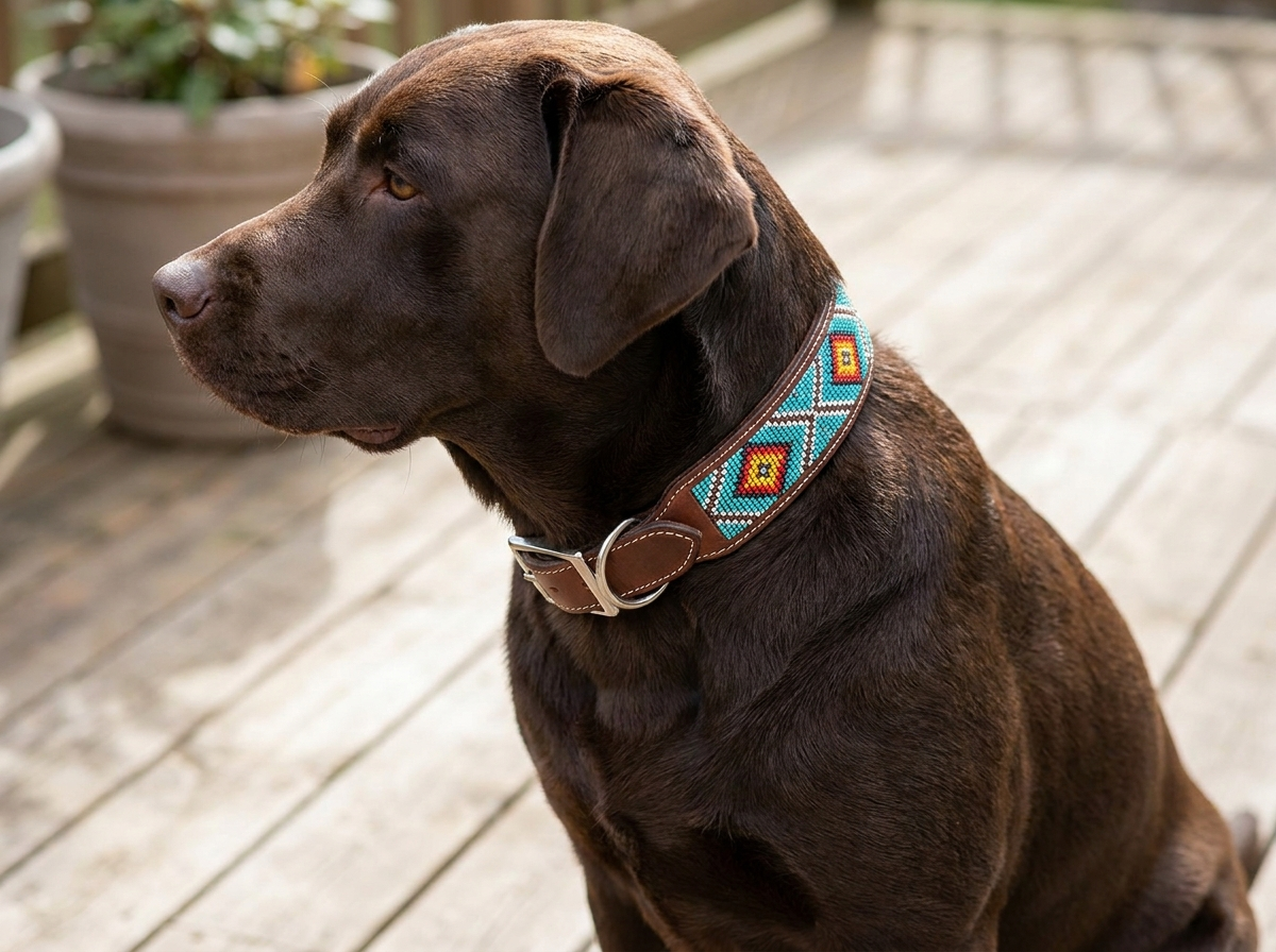 Chocolate brown dog wearing the Multicolour beaded leather collar outdoors