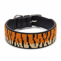 Tiger Print beaded leather dog collar on a white background, wide band fully covered in orange, black and cream tiger stripe beadwork