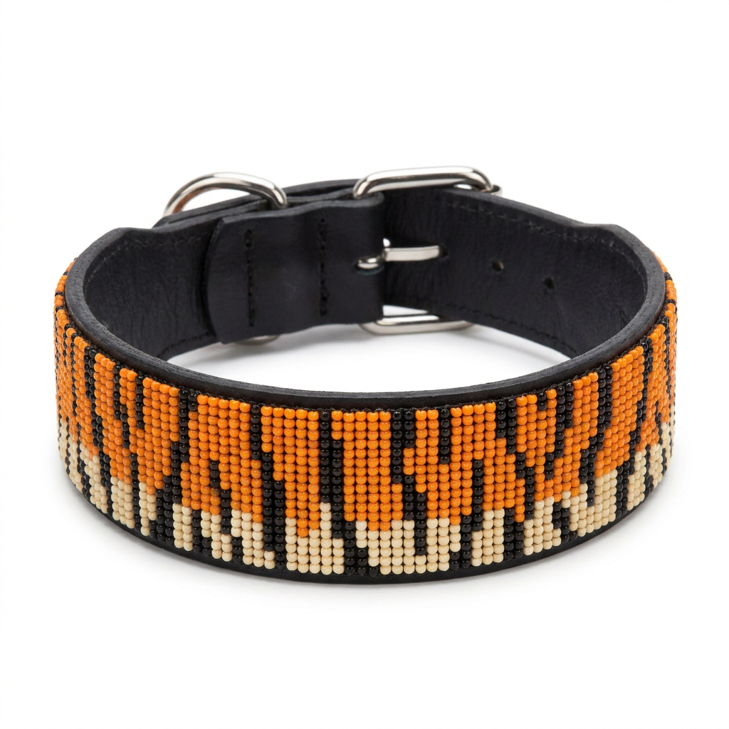 Tiger Print beaded leather dog collar on a white background, wide band fully covered in orange, black and cream tiger stripe beadwork