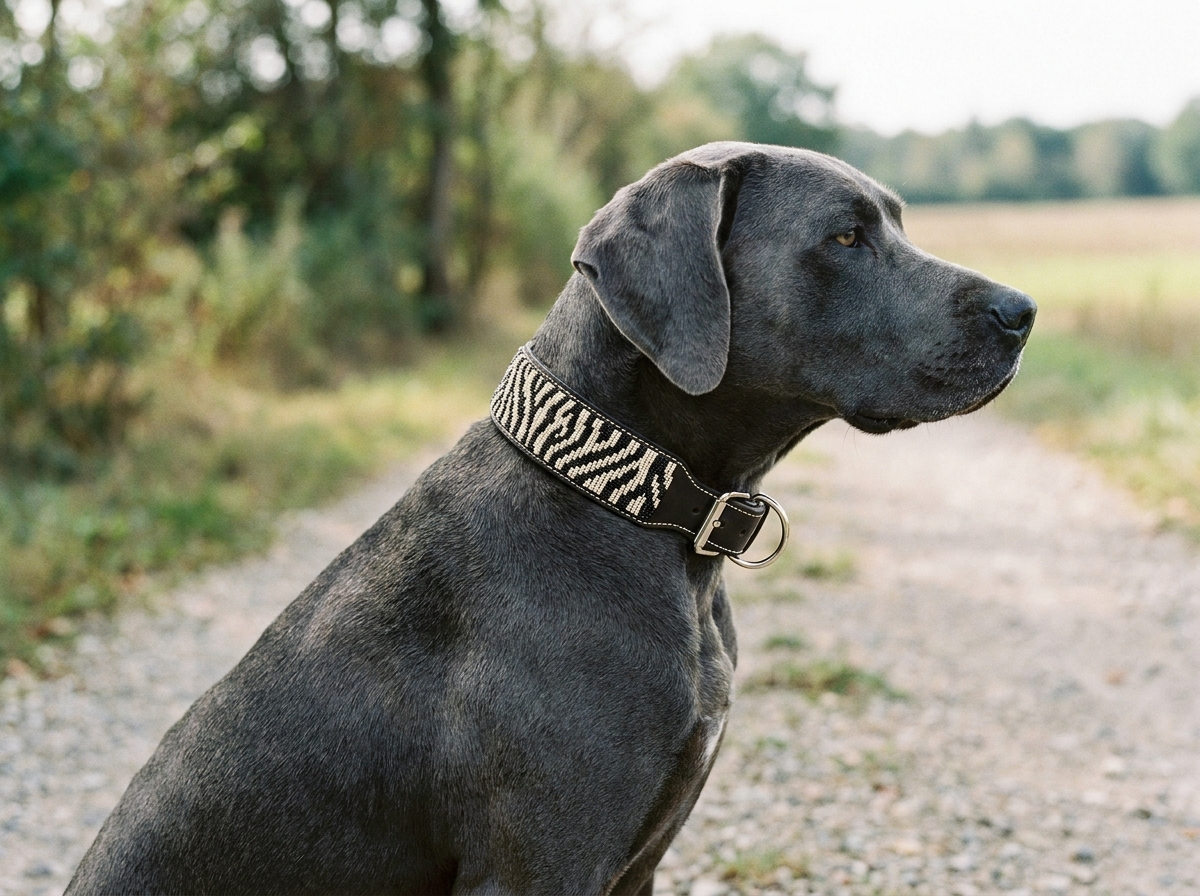 Grey short-haired dog wearing the Zebra Print beaded leather collar outdoors
