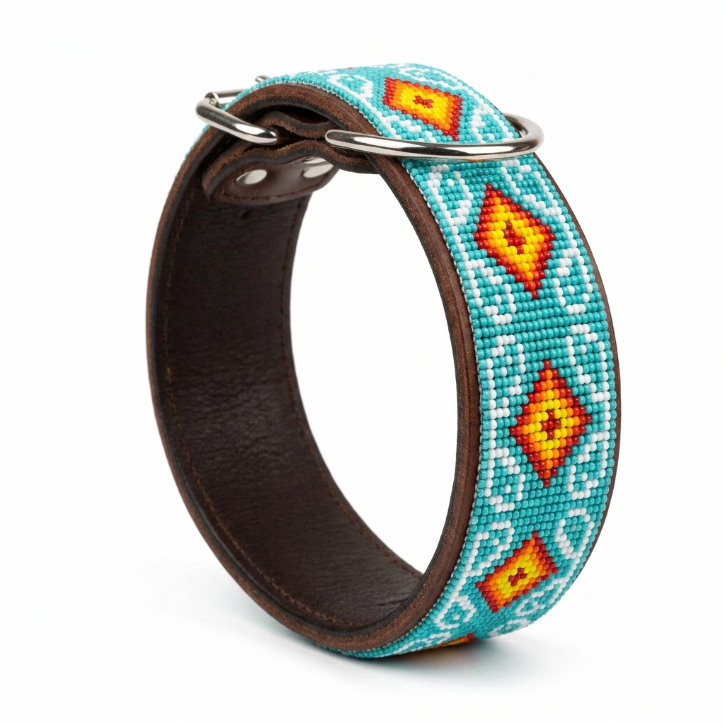 Multicolour beaded leather dog collar on a white background, wide band in turquoise and white beadwork with red and yellow diamond medallions