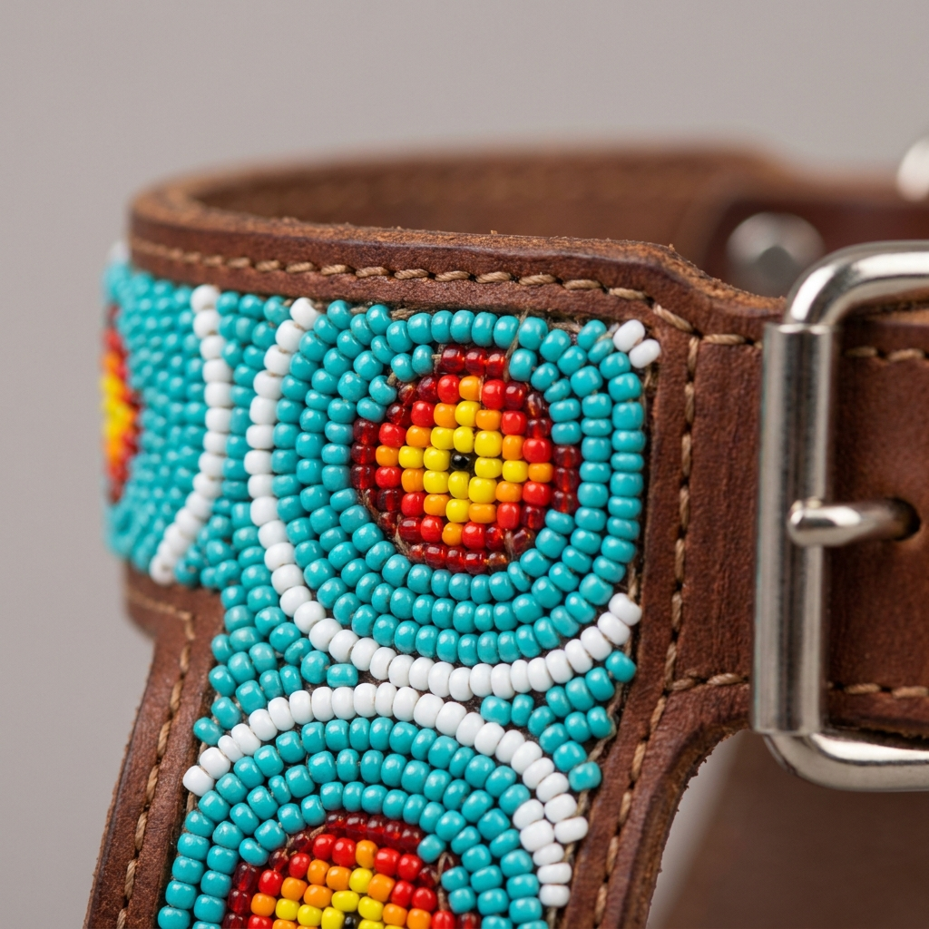Macro close-up of the turquoise and white beadwork with a red and yellow diamond medallion