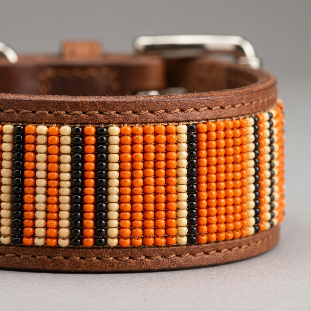 Macro close-up of the orange and black tiger stripe beadwork