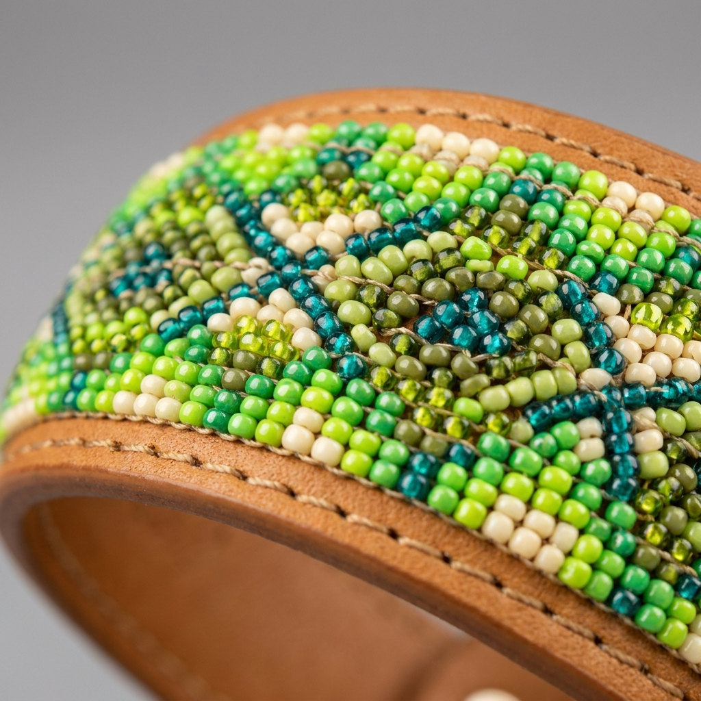 Macro close-up of the green and teal diamond lattice beadwork