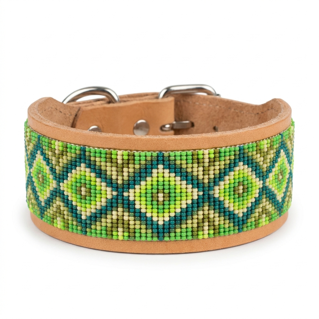 Green Diamond beaded leather dog collar on a white background, wide tan band fully covered in a green and teal diamond lattice