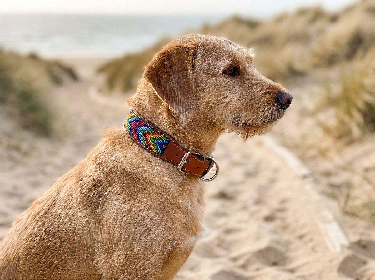 Sandy coloured dog wearing the Rainbow Chevron beaded leather collar outdoors