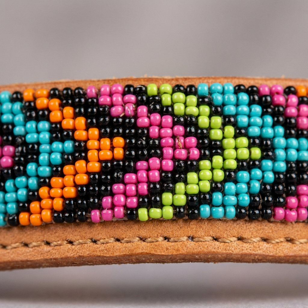 Macro close-up of the multicoloured chevron beadwork on a black ground