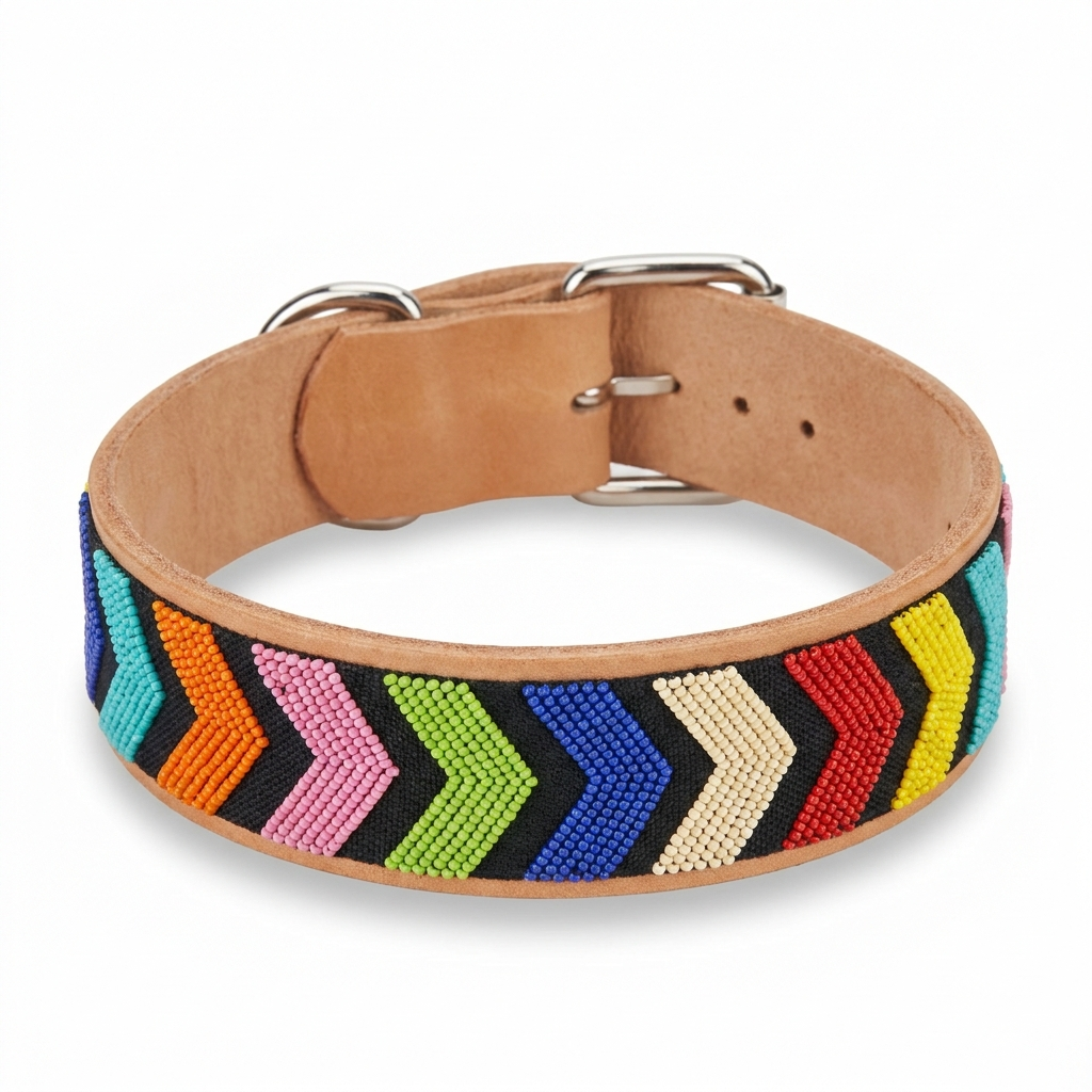 Rainbow Chevron beaded leather dog collar on a white background, wide tan band with multicoloured chevrons on a black beaded ground