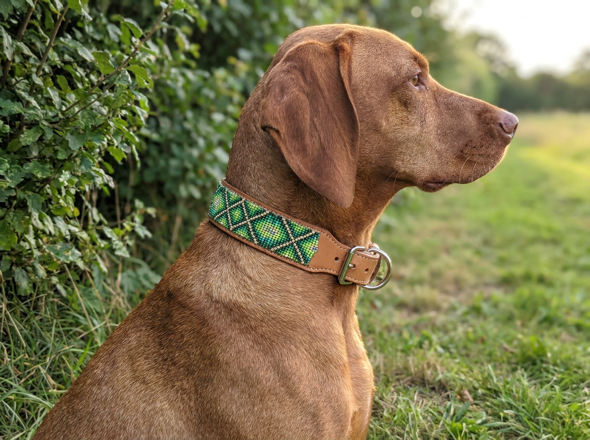 Reddish-brown dog wearing the Green Diamond beaded leather collar outdoors