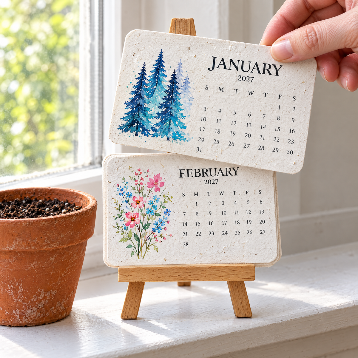A hand lifts the January card off the easel, showing February behind it