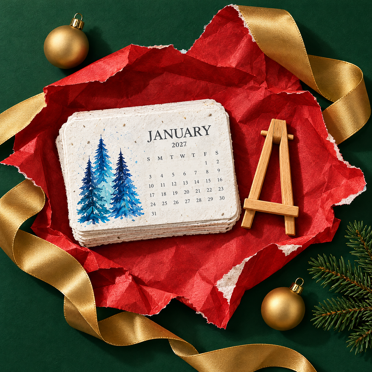 Unwrapped: the stack of seed paper month cards and the wooden easel on red wrapping paper