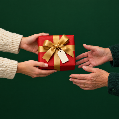 A Christmas present in red paper and gold ribbon being handed over