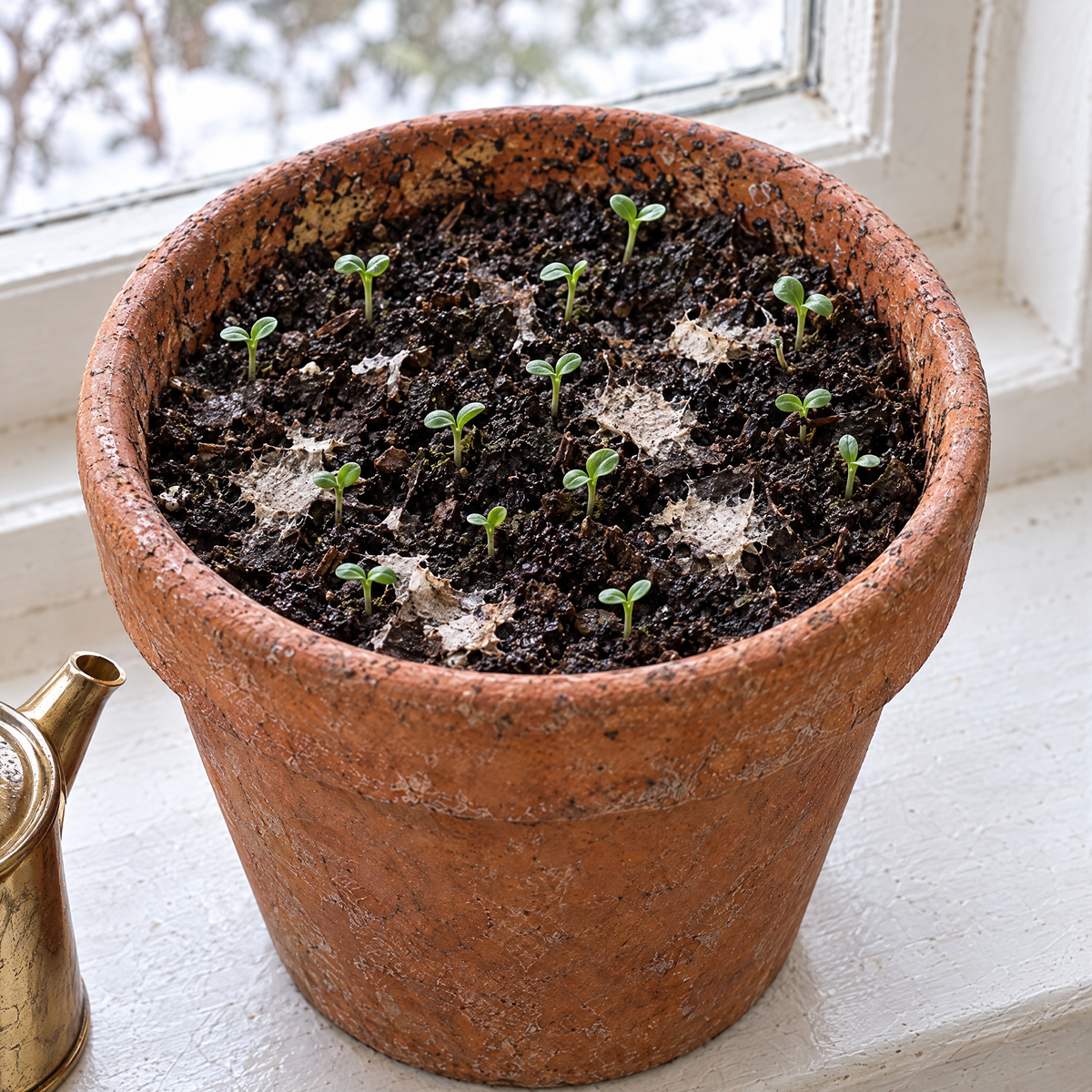 Seed paper breaking down in a pot of soil as the first sprouts come up