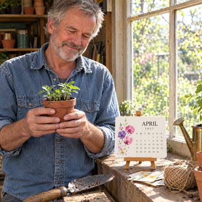 A man in his potting shed in spring holding a pot of seedlings, the April card on the sill