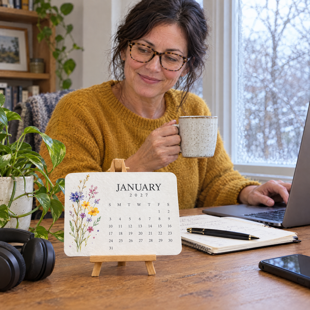 A woman working from home with a coffee, the January calendar on her desk