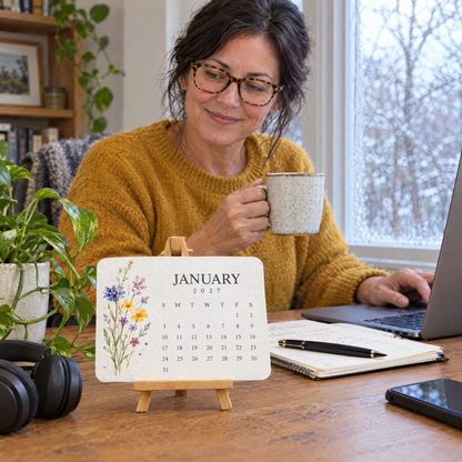 A woman working from home with a coffee, the January calendar on her desk